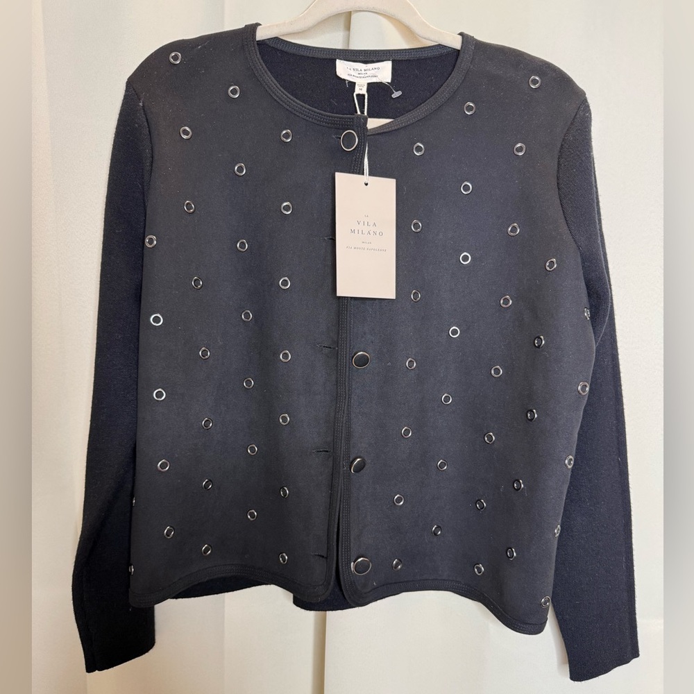 La Vila Milano Black Eyelet-Detail Snap Cardigan